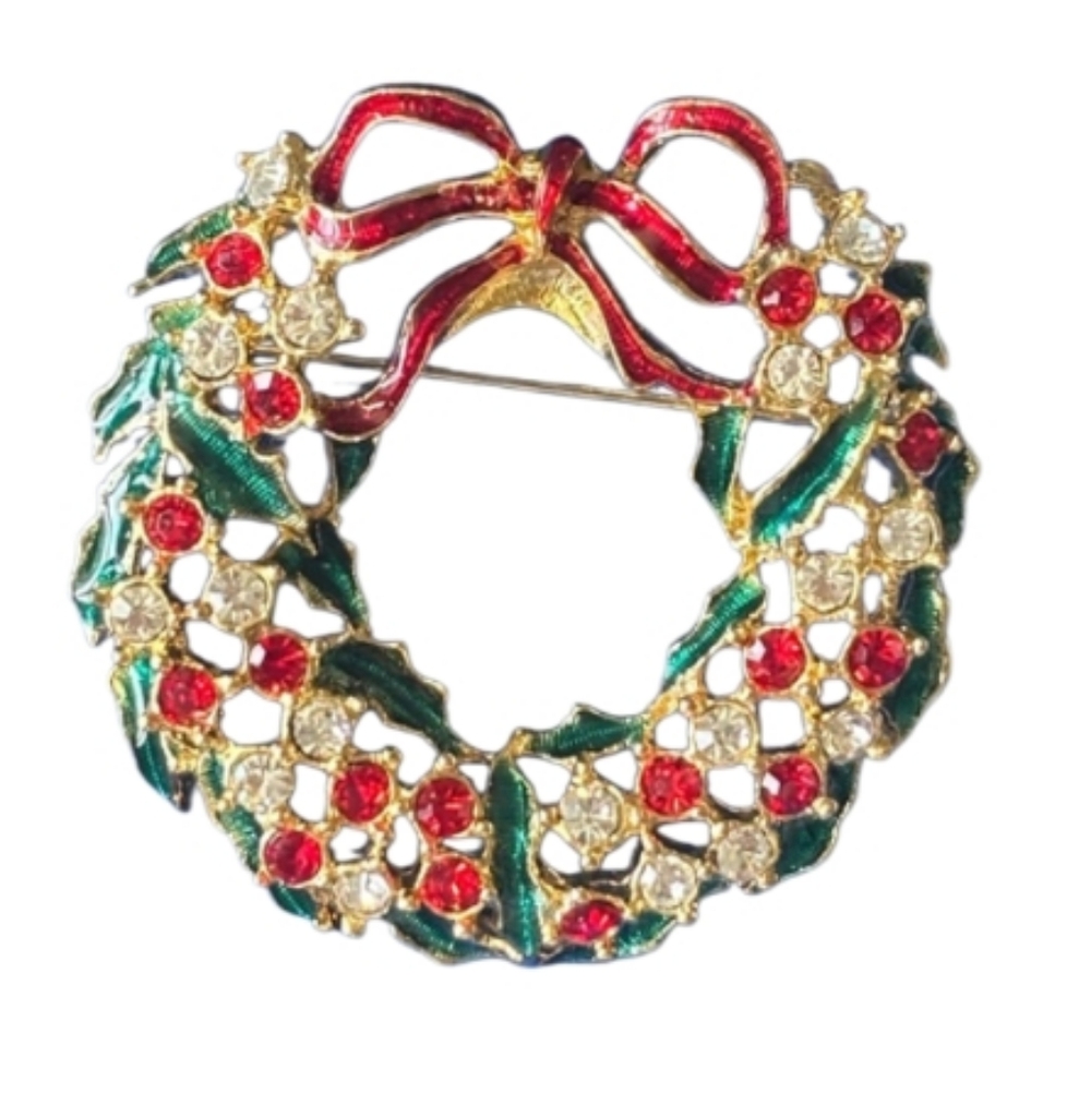 Vintage Festive Wreath Rhinestone Brooch with Red and Green Accents. - Picture 1 of 8